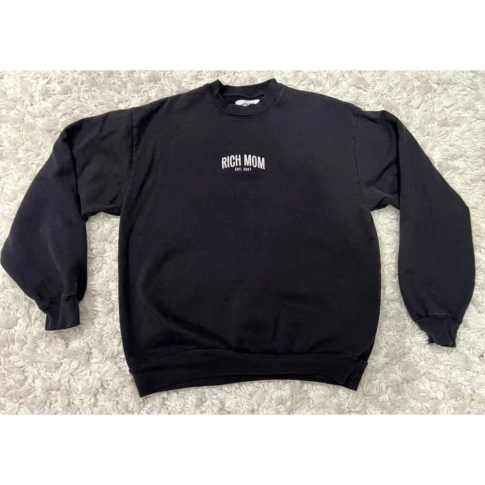 RICH MOM Embroidered Pullover Sweatshirt Womens M Black Long Sleeve Crew Neck